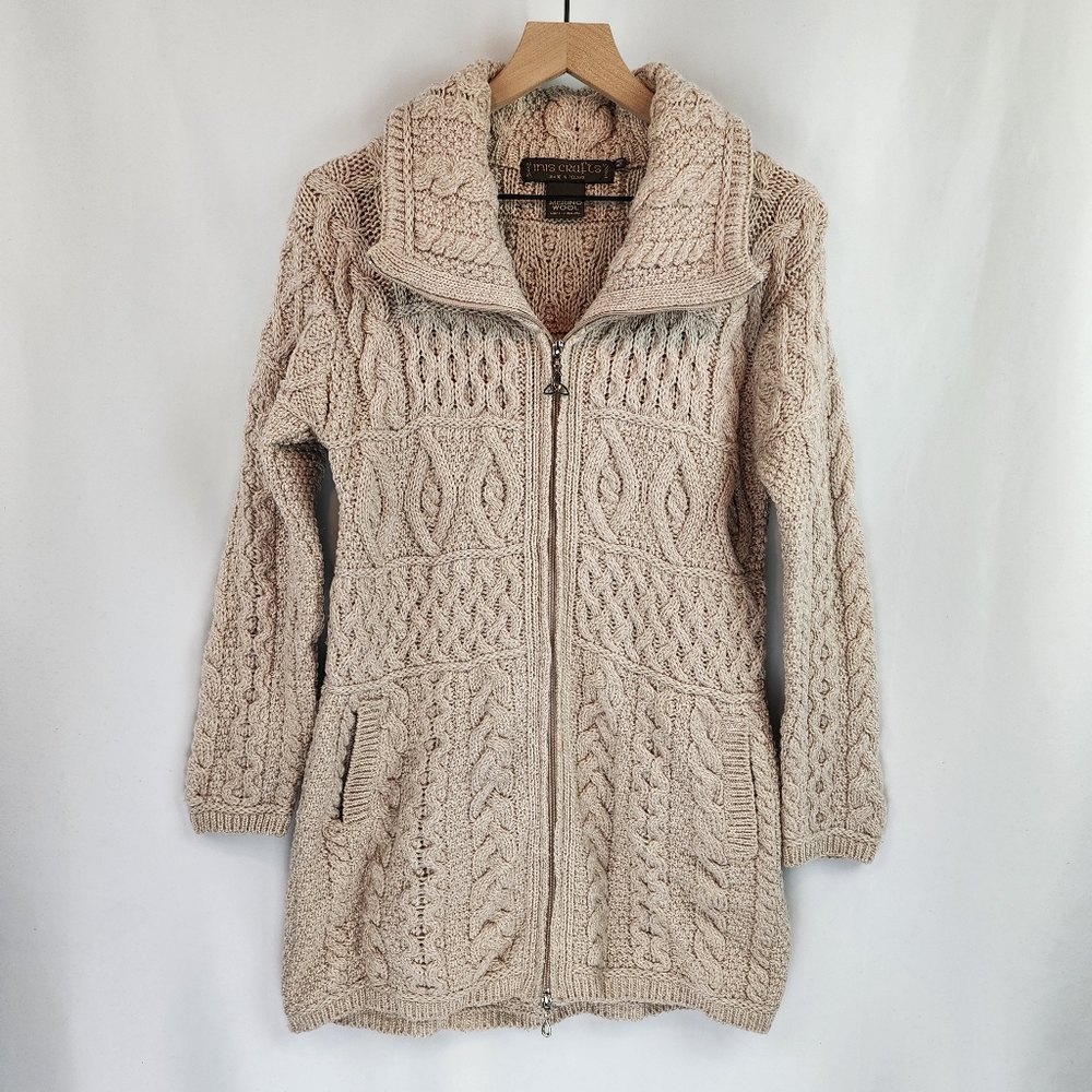 Inis Crafts Women's Wool Fisherman Zip Up Cardigan Sweater Size M